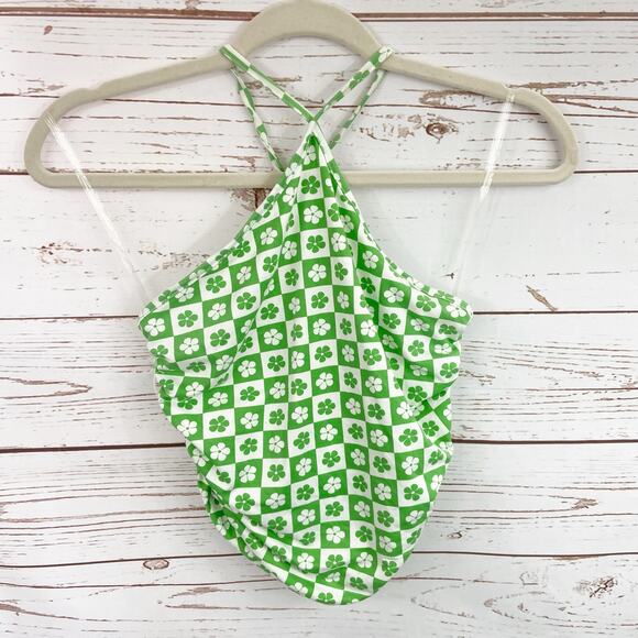 Windsor S Green White Checkered Shamrock Clover Tie Up Halter Ruched Crop Top - Picture 3 of 8